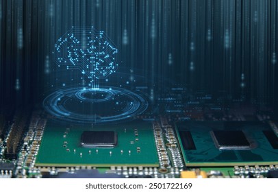 Artificial intelligence concept with microchip and digital brain overlay. Represents AI, technology, innovation, and machine learning. - Powered by Shutterstock