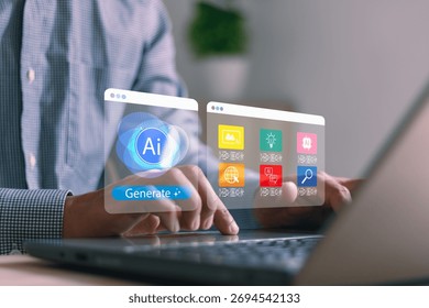 Artificial intelligence concept. Person using laptop with digital AI interface for content creation, data analysis, innovation technology, symbolizing modern automation and smart business solutions.