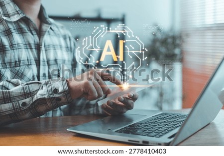 Artificial intelligence concept with person using smartphone and laptop, digital AI brain interface, machine learning, data analytics, smart technology for innovation and modern business solutions.
