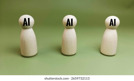 Artificial Intelligence Concept Represented by Wooden Dolls with Brain Circuit Icon, Symbolizing Human and Machine Learning Interaction. 