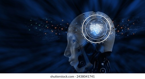 Artificial intelligence concept. A robot with a head that has a computer chip on it. The robot is surrounded by a blue background. Digital technology. AI mind and brain. Data information science.
