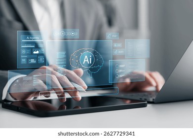 Artificial intelligence concept showing a businessman interacting with AI interfaces, neural network icons, and digital tools. Ideal for AI technology, innovation, and automation. - Powered by Shutterstock - Get 15% off with code: PIKWIZARD15