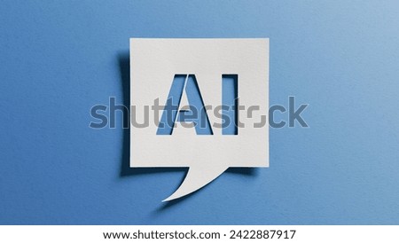 Artificial intelligence concept. Speech bubble shaped paper with the letters AI cutout. Innovation, automation, efficiency. Symbolic blend of technology and creativity.