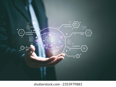 Artificial Intelligence concepts. User use AI for various operations, Brain network intelligence, engineering, science, education, technology.