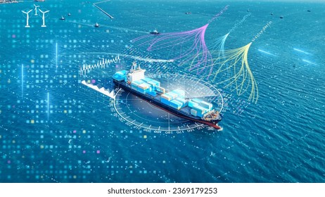 artificial intelligence container Ship, Data science and big data technology for transportation logistics shipping tracker. Scientist computing, analysing and visualizing complex data tracking.