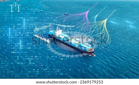 artificial intelligence container Ship, Data science and big data technology for transportation logistics shipping tracker. Scientist computing, analysing and visualizing complex data tracking.