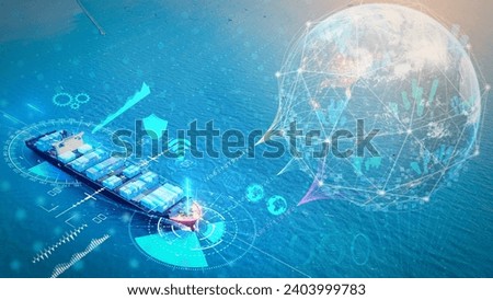 Artificial intelligence container Ship wtih Earth, Data science and big data technology for transportation logistics shipping tracker. transportation computing, analysing 