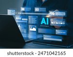 Artificial Intelligence Content Generator. A man uses a laptop to interact with AI assistant. AI offers functions like chatbot, generate images, write code, writer bot, translate and advertising.