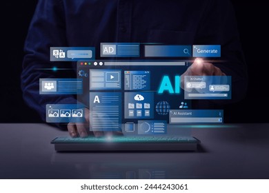 Artificial Intelligence Content Generator. A man uses a laptop to interact with AI assistant. AI offers functions like chatbot, generate images, write code, writer bot, translate and advertising. - Powered by Shutterstock - Get 15% off with code: PIKWIZARD15