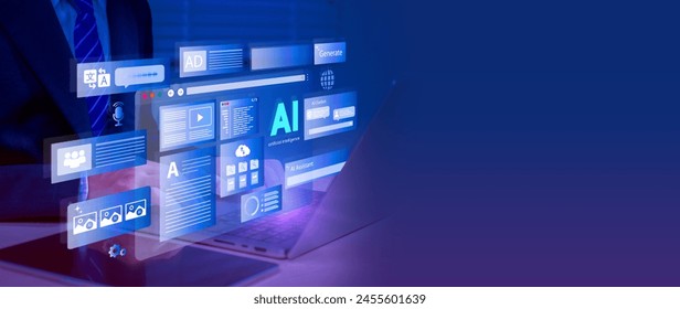 Artificial Intelligence Content Generator. A man uses a laptop to interact with AI assistant. AI offers functions like chatbot, generate images, write code, writer bot, translate and advertising.
