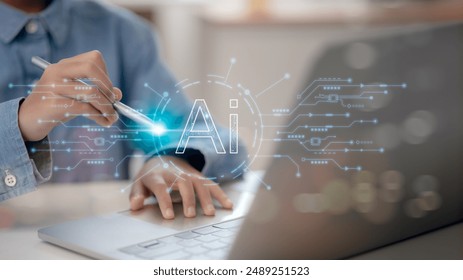 Artificial Intelligence Content Generator. A man uses a laptop to interact with AI assistant. AI offers functions like chatbot, generating images, writing code, writing a bot, translating