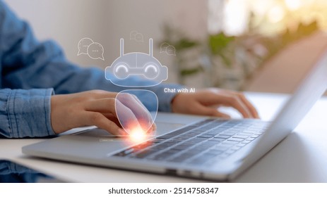 Artificial Intelligence Content Generator. A man uses a laptop to interact with AI assistant. AI offers functions like chatbot, generate images, write code, writer bot, translate and advertising.