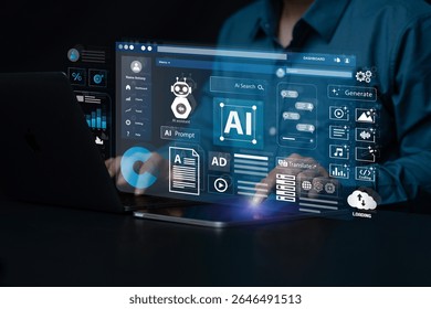 Artificial Intelligence Content Generator. A man uses a laptop to interact with AI assistant. AI offers functions like chatbot, generate images, write code, writer bot, translate and advertising.