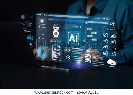 Artificial Intelligence Content Generator. A man uses a laptop to interact with AI assistant. AI offers functions like chatbot, generate images, write code, writer bot, translate and advertising.