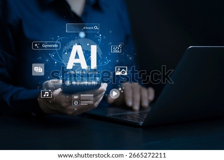 Artificial Intelligence Content Generator. A man uses a laptop to interact with AI assistant. AI offers functions like chatbot, generate images, write code, writer bot, translate and advertising.