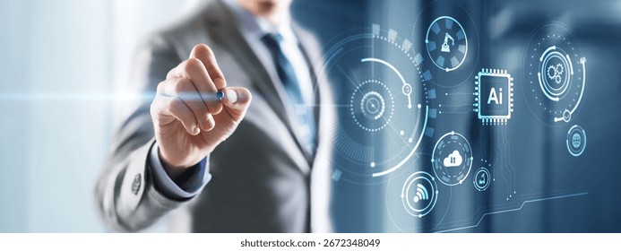 Artificial Intelligence control futuristic data screen. Business Technology.