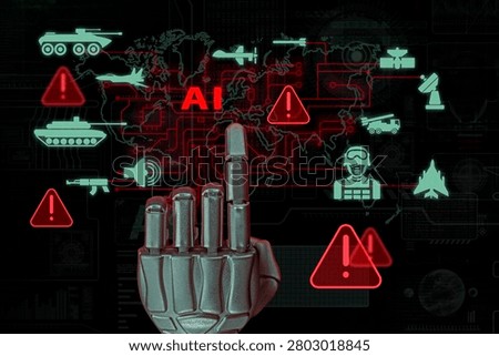 Artificial intelligence controlling advanced military technologies. AI-enabled warfare, autonomous weapons, battlefield risks and emerging security threats.