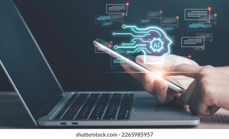 Artificial Intelligence conversation. Man using technology smart AI robot get support by enter command prompt for generates, Futuristic Digital transformation, Virtual assistant on internet.