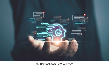 Artificial Intelligence  conversation. Man using technology smart AI robot get support by enter command prompt for generates, Futuristic Digital transformation, Virtual assistant on internet.