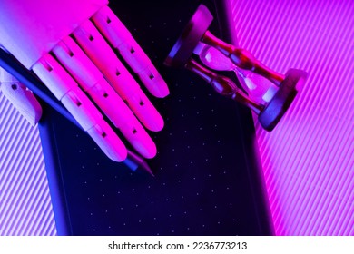 Artificial intelligence creates digital content on a graphics tablet. Artificial hand holds a pen. Concept of time and digital content