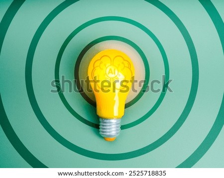 Artificial intelligence creative innovation and idea technology concept. AI, letters with digital brin on yellow electric LED light bulb on center of target icon, green background, minimal style.