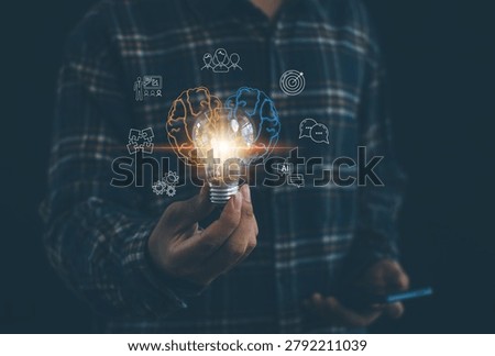 Artificial intelligence and creative thinking concept featuring human brain, innovation, problem solving, machine learning, idea generation, cognitive technology, and smart automation.