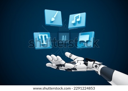 Artificial intelligence and creativity concept. AI creative services - copywriter, image generators, music, chatbot. AI represented by robotics hand.