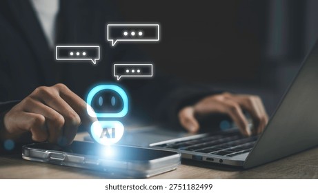 Artificial intelligence customer support and chatbot automation. Business user interacting with AI assistant on smartphone and laptop for digital help desk, Customer service technology.