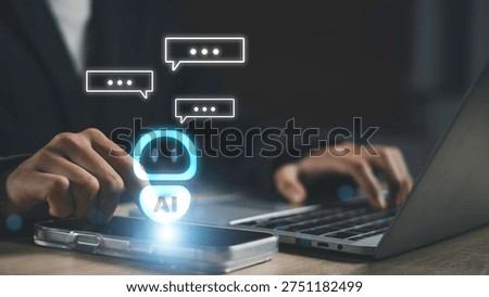 Artificial intelligence customer support and chatbot automation. Business user interacting with AI assistant on smartphone and laptop for digital help desk, Customer service technology.