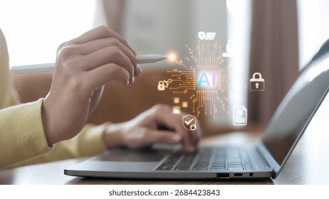 Artificial intelligence, cybersecurity, and data protection technology concept with digital lock icons, secure network, privacy protection, and risk management for business safety. - Powered by Shutterstock - Get 15% off with code: PIKWIZARD15