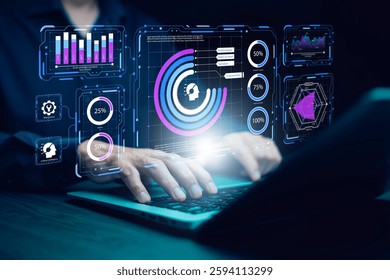 Artificial intelligence and data analysis concept. Businessman using AI-powered technology to process big data, generate insights, Futuristic digital transformation in finance and business.