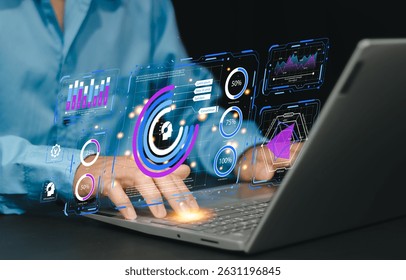 Artificial intelligence and data analysis concept. Businessman using AI-powered technology to process big data, generate insights, Futuristic digital transformation in finance and business.
