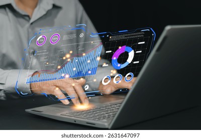 Artificial intelligence and data analysis concept. Businessman using AI-powered technology to process big data, generate insights, Futuristic digital transformation in finance and business.