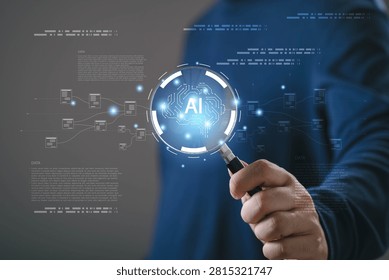 Artificial intelligence data analysis concept with AI technology visualization, machine learning system, digital data processing, automation network, smart analytics and futuristic business interface.