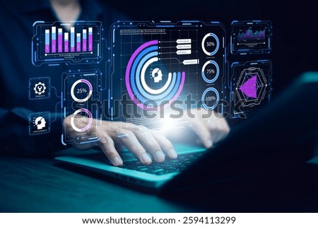 Artificial intelligence and data analysis concept. Businessman using AI-powered technology to process big data, generate insights, Futuristic digital transformation in finance and business.