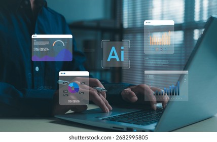 Artificial intelligence with data analytics, charts, and graphs on laptop. Business technology, AI innovation, digital transformation, and big data concept for smart solutions and future strategy.