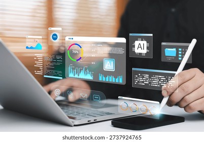 Artificial intelligence data analytics concept with AI dashboard interface, businessman using laptop and smartphone with stylus, digital charts, performance metrics, smart technology for business. - Powered by Shutterstock - Get 15% off with code: PIKWIZARD15
