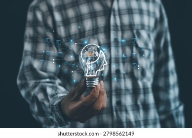 Artificial intelligence and data analytics concept featuring AI-powered digital brain in a light bulb, symbolizing machine learning, innovation, smart technology, automation, and data networks.