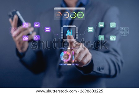 Artificial intelligence and data analytics concept with businessman using futuristic virtual interface showing AI chip, graphs, and cloud technology for business automation.