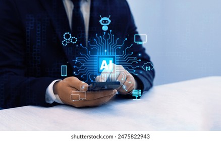 Artificial Intelligence and data analytics, robotic process.Artificial intelligence with enter command prompt for generates something and technology transformation.AI computing and neural engine CPU.