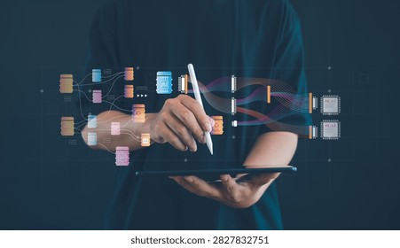 Artificial intelligence and data integration concept featuring machine learning workflows, neural processing, digital transformation, big data analytics, automation and smart technology systems.