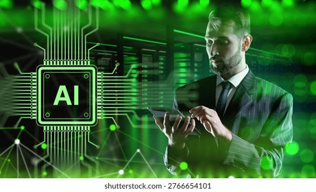 Artificial intelligence data management. Business analyst uses tablet in server room, interacts with AI processor interface, oversees digital infrastructure, machine learning systems