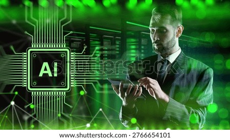 Artificial intelligence data management. Business analyst uses tablet in server room, interacts with AI processor interface, oversees digital infrastructure, machine learning systems