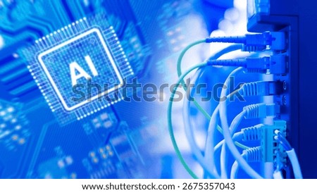 Artificial intelligence and data networking, AI chip and connected ethernet cables symbolizing digital technology, machine learning, cloud computing, innovation.