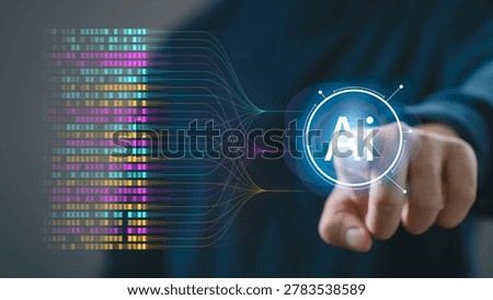Artificial intelligence data processing with AI interface and big data flow visualization, machine learning technology, digital analytics, automation system and futuristic smart technology integration