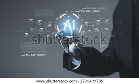 Artificial intelligence data processing with robotic hand interacting with AI interface, big data flow, machine learning, digital transformation, network connection and advanced analytics technology.
