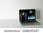 Artificial intelligence and data science concept. A laptop screen shows an AI dashboard with machine learning models and big data analysis for business intelligence and predictive analytics.