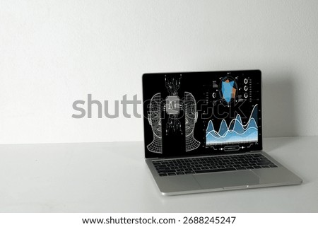 Artificial intelligence and data science concept. A laptop screen shows an AI dashboard with machine learning models and big data analysis for business intelligence and predictive analytics.