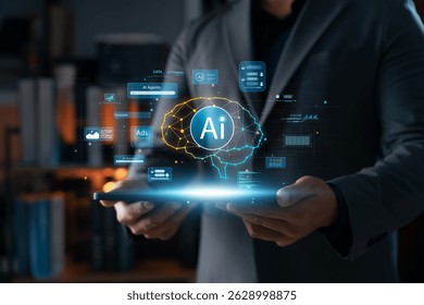 Artificial intelligence and data technology concept with businessman holding tablet and virtual AI brain interface. Representing machine learning, analytics, and digital transformation.