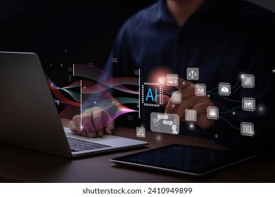 Artificial Intelligence. Data technology. Man using technology smart robot AI, artificial intelligence by enter command prompt for generates something. machine learning. Chat with AI. generate image.